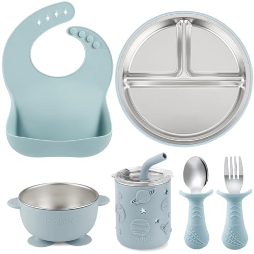 PandaEar 6-in-1 Stainless Steel Baby Feeding Set | Divided Suction Plate, Bowl, Sippy Cup with Straw, Bib, Spoon & Fork | BPA-Free Toddler Feeding Essentials for Self-Feeding (Blue) - color: Blue