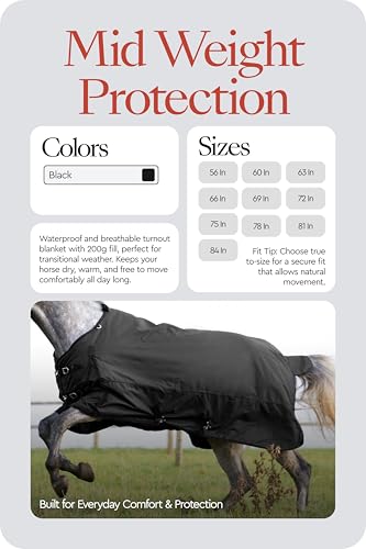 Horze Nevada Medium Weight 1200D Waterproof Horse Turnout Blanket (200g Fill) - Black - 75 in - size: 75 in