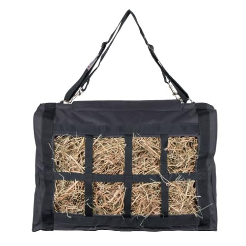 Dura-Tech Reinforced Top Horse Hay Saver Bag | 8 Slow Feeder Holes | Easily Carries and Hangs in Stalls | Hook & Loop Top Flap Closure | Mesh Bottom | Hold 4 Flakes of Hay - color: Black