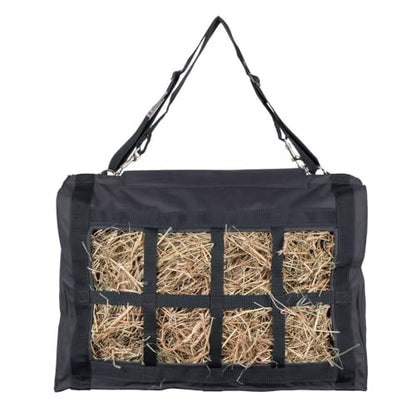 Dura-Tech Reinforced Top Horse Hay Saver Bag | 8 Slow Feeder Holes | Easily Carries and Hangs in Stalls | Hook & Loop Top Flap Closure | Mesh Bottom | Hold 4 Flakes of Hay - color: Black