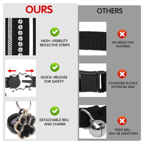 BINGPET Reflective Cat Collar Breakaway with Bell,Cute Kitten Collar,Black - color: Reflective(Black)-3pcs
