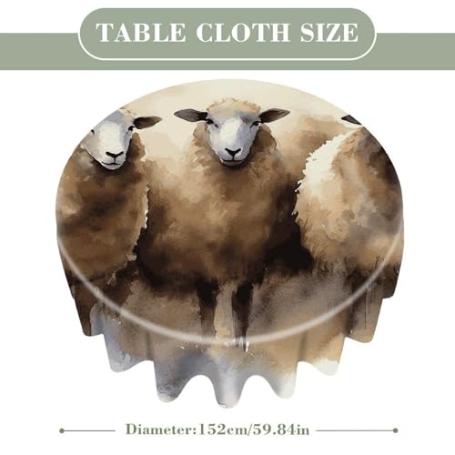 Watercolor Sheep Round Tablecloth 60 Inch Wrinkle-Free | Spill Proof Table Cover with Scalloped Edge, Washable Polyester Table Cloth for Dining Room, Kitchen, Picnic, Party, Wedding