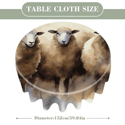 Watercolor Sheep Round Tablecloth 60 Inch Wrinkle-Free | Spill Proof Table Cover with Scalloped Edge, Washable Polyester Table Cloth for Dining Room, Kitchen, Picnic, Party, Wedding