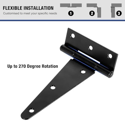 TDCHINGES T Strap Black Gate Door Hinges 6 Inch for Wood Shed 2.5mm 4 Pack - size: 4Pack-6inch