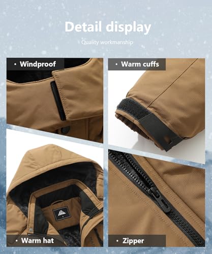 Men's Mountain Ski Jacket Winter Snow Coats Waterproof Warm Fleece Lining Jacket Parka with Hooded - color: Brown, size: Large