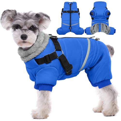 BRKURLEG Blue Dog Winter Coat, Cozy Winter Dog Jackets, Small Dogs Coat with Harness, Onesie Body Warm Puppy Christmas Jacket, Pet Reflective Cold Weather Jackets, Puppy Four-Legged Puffer Coats, M - color: Blue, size: Medium