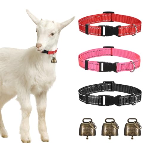 M METERXITY 3-Pack Reflective Goat Collars with Bells, 13.8"-20.5" Polyester Adjustable Pet Collar with Anti-Lost Grazing Copper Bell for Small Farm Animal/Sheep/Cow [Black, Rose Red, Red] - color: Black, Rose Red, Red