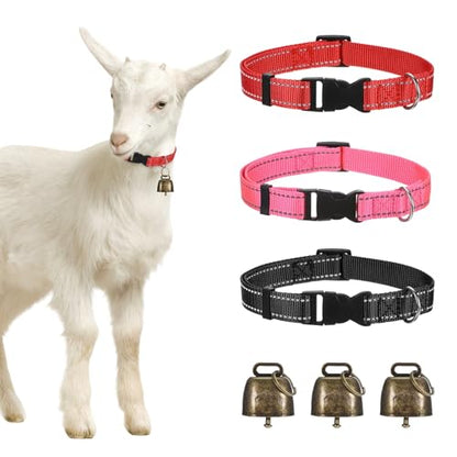M METERXITY 3-Pack Reflective Goat Collars with Bells, 13.8"-20.5" Polyester Adjustable Pet Collar with Anti-Lost Grazing Copper Bell for Small Farm Animal/Sheep/Cow [Black, Rose Red, Red] - color: Black, Rose Red, Red