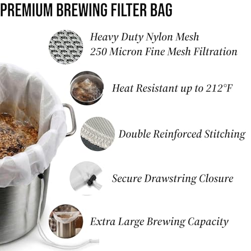 2 Pack BIAB Brewing Bag, 18" x 16", 250 Micron Reusable Fine Mesh Brew Bags with Reinforced Stitching & Drawstring, Heavy Duty Nylon Straining Bag for All Grain Home Brewing - size: 2Pack 18" X 16"