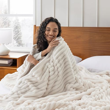 Berkshire Ribbed VelvetLoft® Blanket – 330gsm Medium Weight Plush, Extra Soft & Warm Plush Blanket for Bedroom, Couch, Travel – Durable & Easy Care(Goose Egg, Twin Size 60" x 90") - color: Goose Egg, size: Twin (60 in x 90 in)