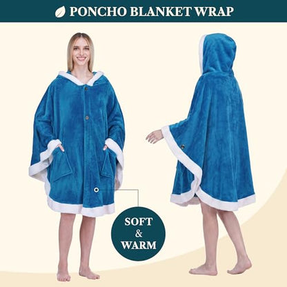 PAVILIA Hooded Blanket Poncho, Fleece Wearable Shawl Wrap Throw, Sea Blue | Fleece Shawl Wrap with Hood, Adult Wearable Blanket, Cozy Warm Poncho Cape Throw with Pockets, Gift for Elderly Mom - color: Sea Blue