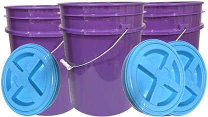 House Naturals 5 Gallon Purple Food Grade Plastic Bucket with Screw on Gamma lid, BPA Free, Made in USA (Pack of 3) (Purple Bucket with Aqua lids) - color: Purple Bucket With Aqua Lids
