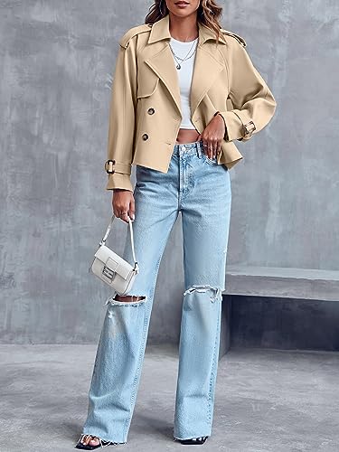 Saodimallsu Women Crop Double Breasted Trench Coat Short Cropped Jacket - color: Beige, size: Small