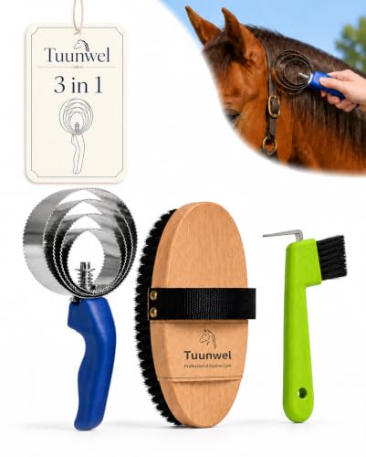 Horse Curry Comb Set,3Pcs Horse Grooming Kit with Reversible Stainless Steel Currycomb, Hoof Pick Brush and Nylon Horses Hair Brush,Professional Horses Shedding Tool for Horse's,Dogs,Livestock