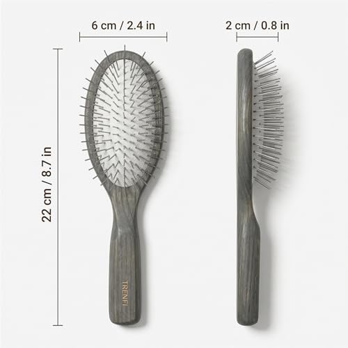 TRENFI Metal Pin Hair Brush Carbonized Willow Wood | Ground Tip Ends, Thick Wavy Curly Sections, Scalp Massage Feel, Air Cushion, Daily Detangling, Pressure Control, Low Static