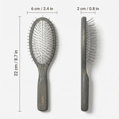 TRENFI Metal Pin Hair Brush Carbonized Willow Wood | Ground Tip Ends, Thick Wavy Curly Sections, Scalp Massage Feel, Air Cushion, Daily Detangling, Pressure Control, Low Static