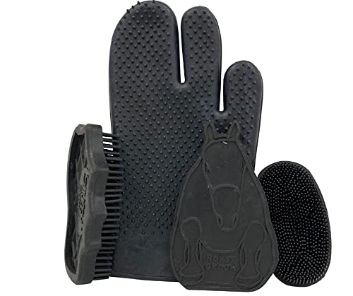 Grewal® Equestrian Grooming Bundle Kit - Comfy Pet Grooming & Bathing Glove - Oval Face Soft Bristles - Great for Thin & Sensitive Skin (Black) - color: Black
