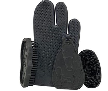 Grewal® Equestrian Grooming Bundle Kit - Comfy Pet Grooming & Bathing Glove - Oval Face Soft Bristles - Great for Thin & Sensitive Skin (Black) - color: Black