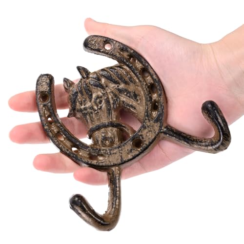 Peohud 6 Pack Cast Iron Coat Hooks, Rustic Double Wall Hooks, Horse Head Horseshoe Hook, Wall Mounted Farmhouse Coat Hangers for Towels, Hats, Keys, Bags, Caps