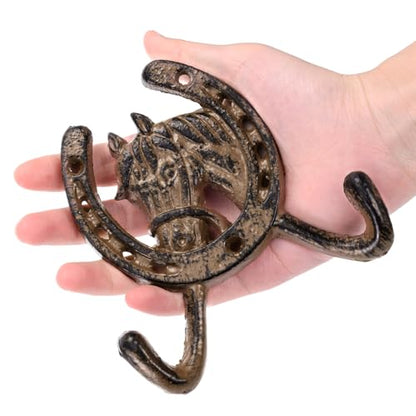 Peohud 6 Pack Cast Iron Coat Hooks, Rustic Double Wall Hooks, Horse Head Horseshoe Hook, Wall Mounted Farmhouse Coat Hangers for Towels, Hats, Keys, Bags, Caps