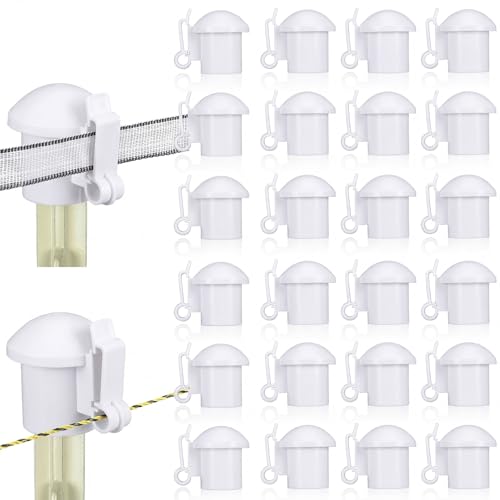 DoubleFill 24 Pcs Electric Fence Insulators and T Post Safety Cap, White | T Post Safety Topper, Plastic Insulators for Wood Posts, Wire Holding Fencing, Garden Farm, Highway Sport Fence Supplies - color: White