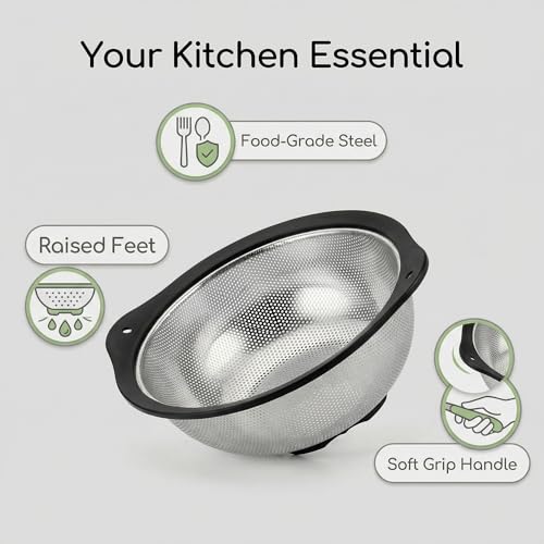 304 Stainless Steel Colander 3-Quart, Heavy Duty Metal Strainer with Riveted Handles, Micro-Perforated Food Strainer for Draining Pasta, Orzo, Rice, Berry, Stable Ring Base, Rust Free - size: 3QT-Black edge