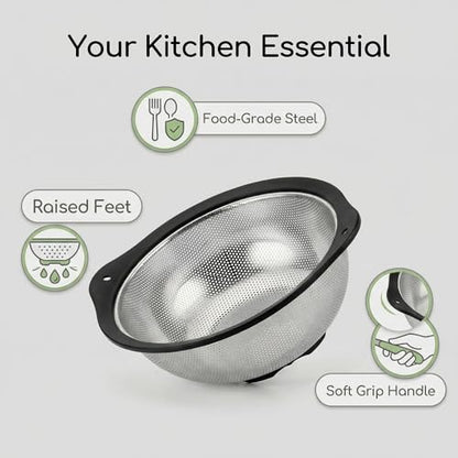 304 Stainless Steel Colander 3-Quart, Heavy Duty Metal Strainer with Riveted Handles, Micro-Perforated Food Strainer for Draining Pasta, Orzo, Rice, Berry, Stable Ring Base, Rust Free - size: 3QT-Black edge