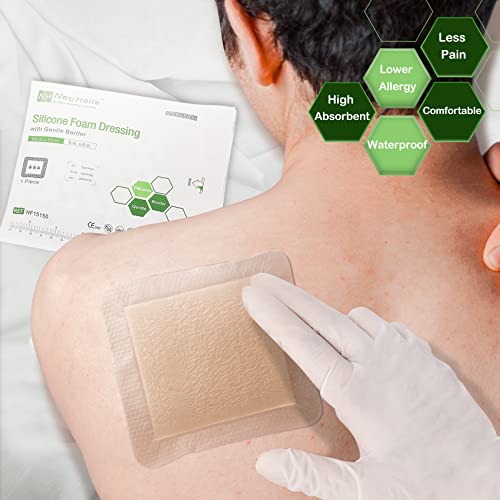 NeuHeils Silicone Foam Dressing with Border 6"x6", 5 Pack for Bed Sores | Pressure Ulcers, Leg Ulcers, Surgical Wounds & Skin Tears | High Absorbency, Painless Removal, Waterproof & Cushioned - size: 6''x6'' (Pack of 5)
