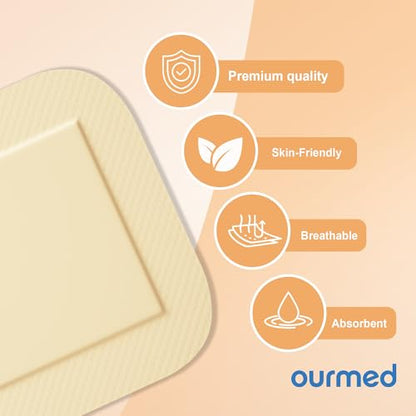 Ourmed Silicone Foam Dressings(6"x 6" - 10 Packs) with Tender Adhesive Border, Sterile Advanced Absorbent Bandage, Wound Care for Bed Sores, Pressure Ulcers, Foot Diabetic Ulcer - size: 6"x 6" (10 Packs)