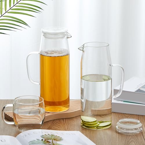 Hsei 2 Sets Glass Pitcher with Lid, 67.6 oz / 2000 ml Water Carafe with Handles Hot Cold Beverage Water Jar Glass Jug for Tea Juice Milk Coffee Iced Beverage (Glass Lid) - color: Glass Lid, size: 2l