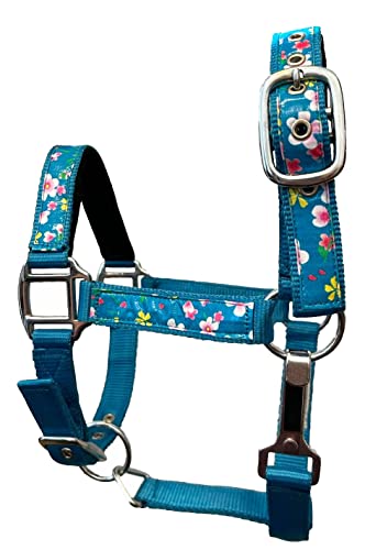 2 Ply Nylon Pony Halter with Flower Design Tape Accent - color: Teal Blue