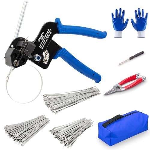 Stainless Steel Cable Tie Gun Metal Zip Cutter Heavy Duty Outdoor, 250PCS 304 Metal Zip Ties Adjustable Fastening Cutting Tie Tool Sets for Vehicles Exhaust Wrap Wire Fence Chicken Coop - color: Blue