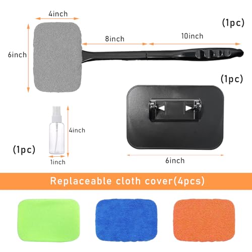 Ohleats Car Windshield Cleaning Tool, Microfiber Window Cleaner with 4 Washable and Reusable Cloth Pad & Long Handle, Auto Glass Wiper Cleaning Kit with Spray Bottle, Car Accessories - size: 6×4 inches