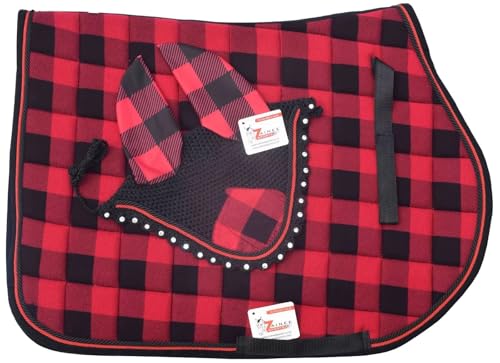 Buffalo Plaid All Purpose English Saddle Pad with Matching Fly Bonnet – Handmade Jumping Saddle Pad Set - size: COB