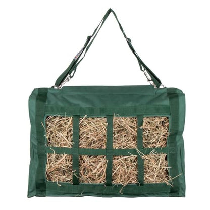 Dura-Tech Reinforced Top Horse Hay Saver Bag | 8 Slow Feeder Holes | Easily Carries and Hangs in Stalls | Hook & Loop Top Flap Closure | Mesh Bottom | Hold 4 Flakes of Hay - color: Green