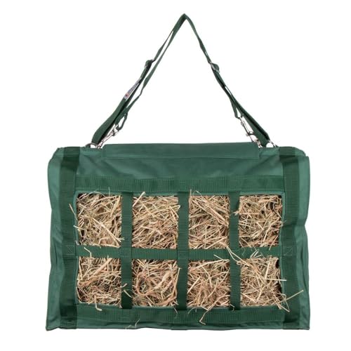 Dura-Tech Reinforced Top Horse Hay Saver Bag | 8 Slow Feeder Holes | Easily Carries and Hangs in Stalls | Hook & Loop Top Flap Closure | Mesh Bottom | Hold 4 Flakes of Hay - color: Green