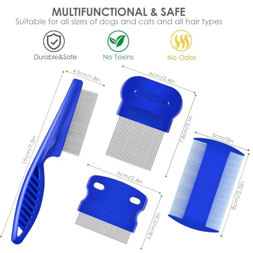 4 Pack Flea Lice Comb, Stainless Steel Dog Cat Grooming Combs with Rounded Teeth, Double Sided Professional Pet Tear Stain Remover, Dematting Tool for Small, Medium & Large Pets - size: Large