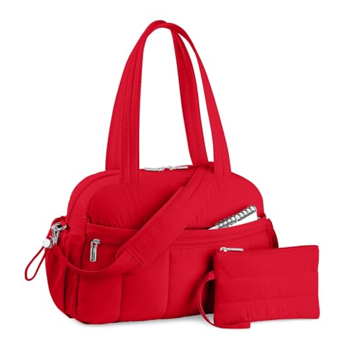 TOPDesign Travel Duffel Bag for Women, Puffer Gym Bag Sports Tote with Wet Pocket, Carry On Weekender with Luggage Sleeve (Red) - color: Red