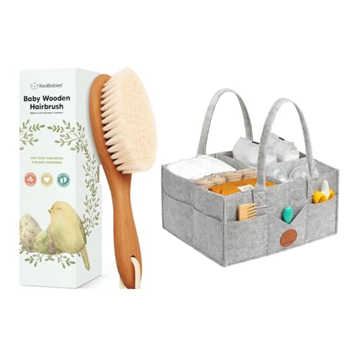 KeaBabies Baby Hair Brush and KeaBabies Diaper Caddy Organizer - Wooden Brush with Soft Goat Bristles, Organizer for Nursery, Cradle Cap Hairbrush