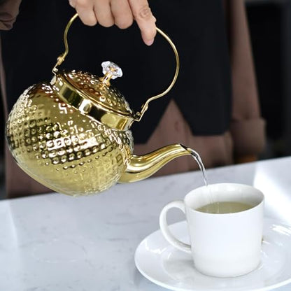 2L Hammered Tea Kettle Stovetop, Gold Tea Pot with Straine for Stove - color: Gold-2L