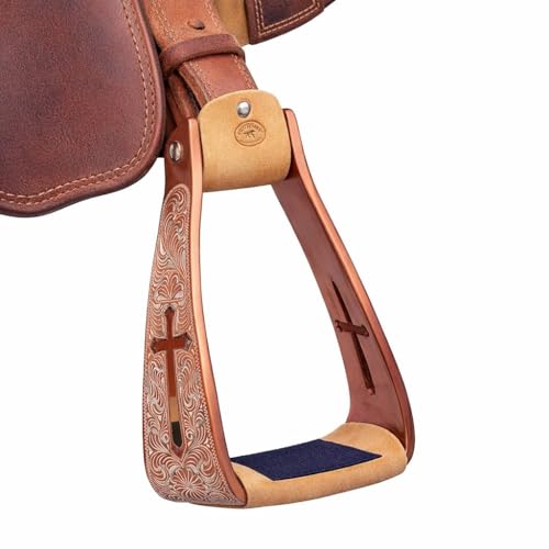CHALLENGER Horse Saddle Stirrups Western Lightweight Aluminum Engraved Cross Cut-Out 51211 - color: Cross Bronze