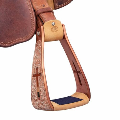 CHALLENGER Horse Saddle Stirrups Western Lightweight Aluminum Engraved Cross Cut-Out 51211 - color: Cross Bronze