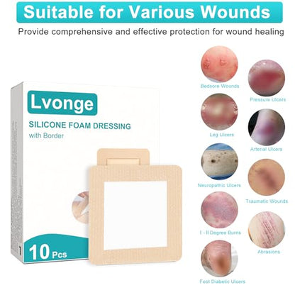 Silicone Foam Dressing 3"x3", Waterproof Absorbent Wound Dressing Bandages for Wound Care,10 Pack Wound Silicone Large Bandages - size: 3" x 3", 10 Pack