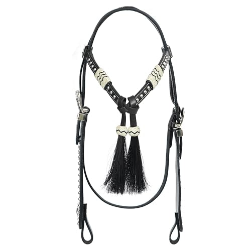 Western Leather Headstall with Rawhide Knotting, Black Hair Tassels, Decorative Futurity Knot
