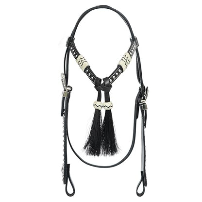 Western Leather Headstall with Rawhide Knotting, Black Hair Tassels, Decorative Futurity Knot