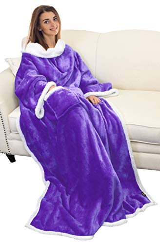 Catalonia Sherpa Wearable Blanket with Sleeves and Pocket for Adults - color: Purple, size: Standard Pocket
