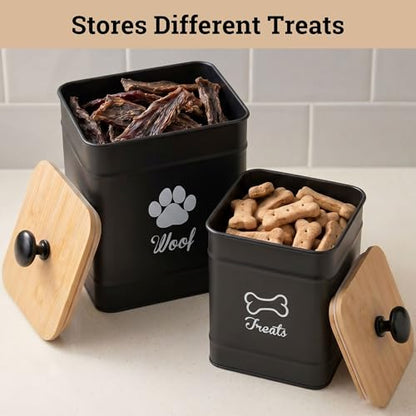 Dog Treat Container Airtight Set of 2 - 8x6 & 7x5 inch Iron Dog Treat Jars for Kitchen Counter with Airtight Bamboo Lids - 20 Cup Capacity Pet Treat Container Set - Doggie Cookie Jar - Treats Canister | Fits All Popular Treats, Up to 20 Cups Combined Capa