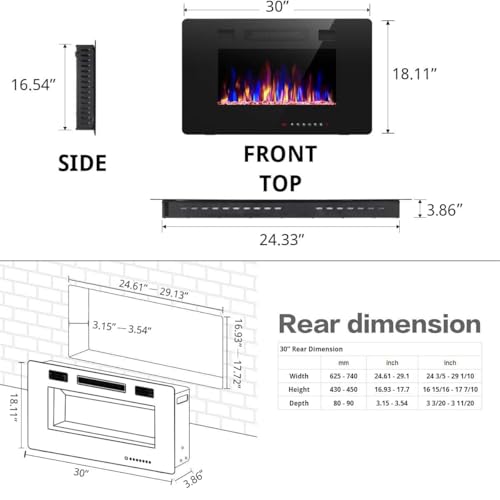 R.W.FLAME 30 inch Recessed and Wall Mounted Electric Fireplace, Low Noise,Fit for 2 x 4 and 2 x 6 Stud, Remote Control with Timer,Touch Screen,Adjustable Flame Color and Speed, 750-1500W - size: 30"
