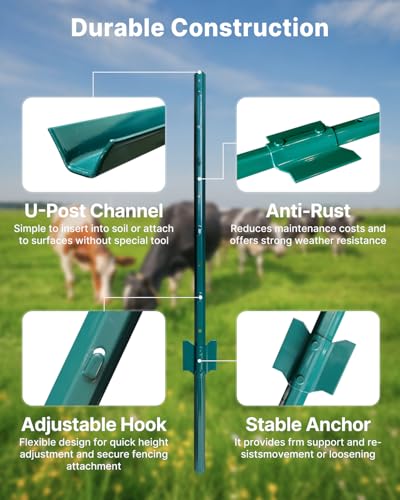 ARIFARO Fence Posts 4 Feet, 10-Pack, Heavy Duty U Post, Metal Fence Post - color: Green 10 PCS, size: 4 FT