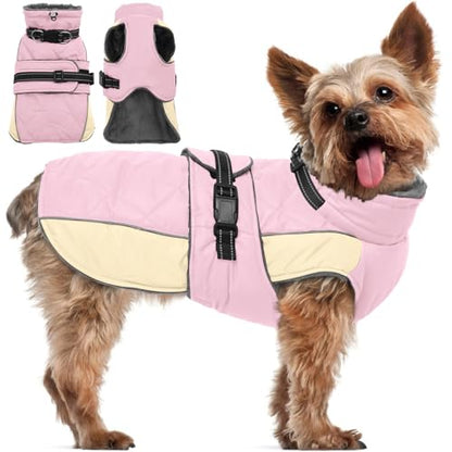 QBLEEV Warm Dog Jacket, Waterproof Dog Winter Coat with Harness - color: Pink, size: Small